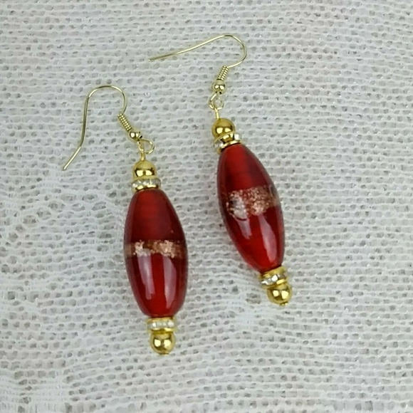 Earrings Dangle  Large Lampwork Beads Red Gold - Picture 2 of 4